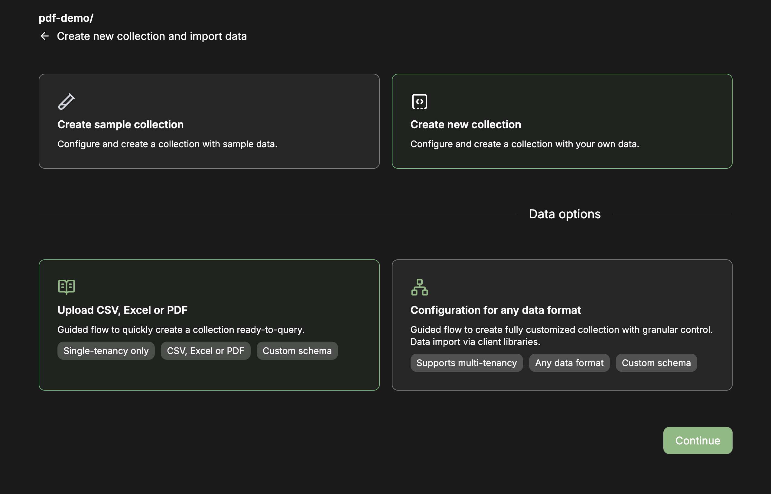 Create new collection page in the Weaviate Console, with the Upload CSV, Excel or PDF option highlighted