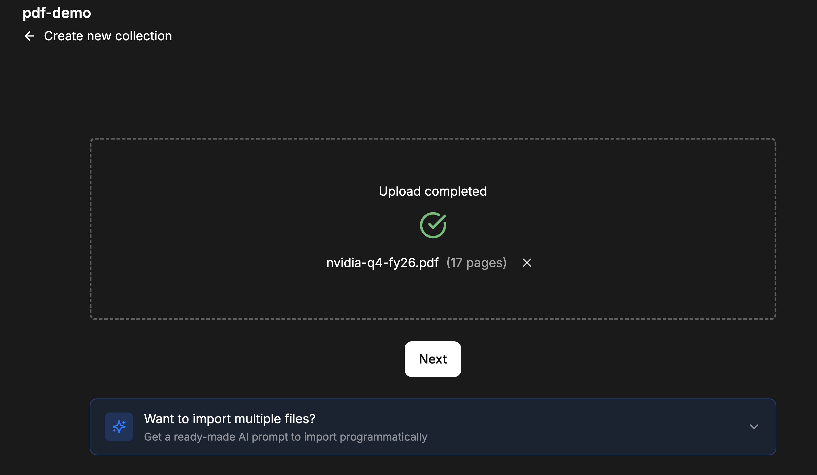 Weaviate Console after upload: a single NVIDIA Q4 FY26 PDF marked complete with a Next button