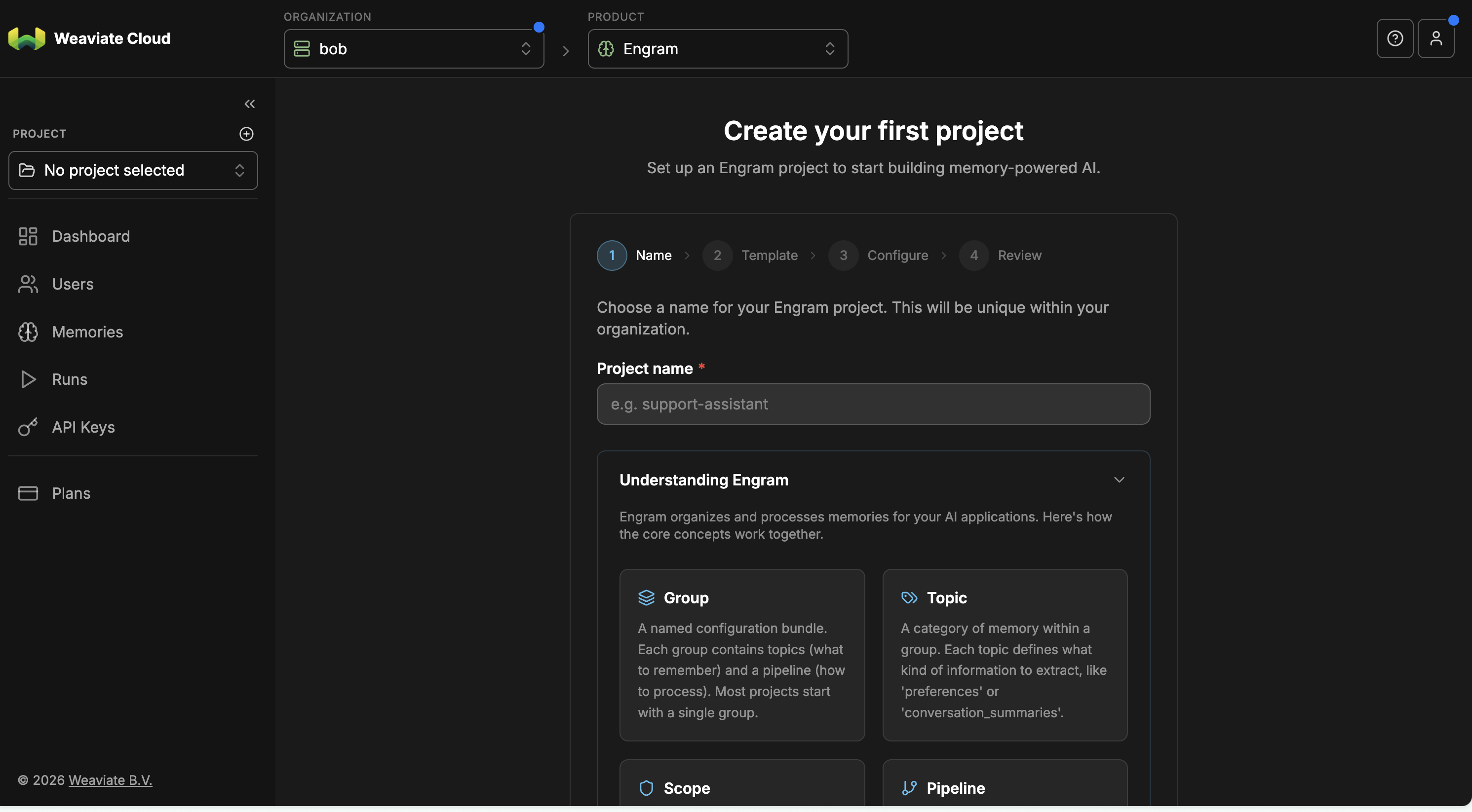 Creating a new Engram project in the Weaviate Cloud console
