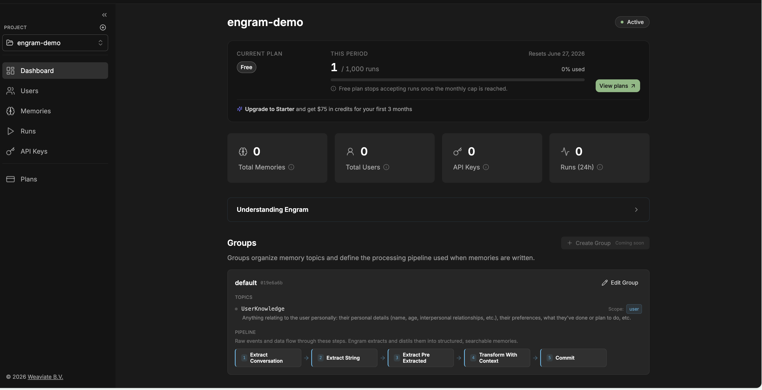 The Engram project dashboard, showing the default group with its topics and the extract-transform-commit pipeline