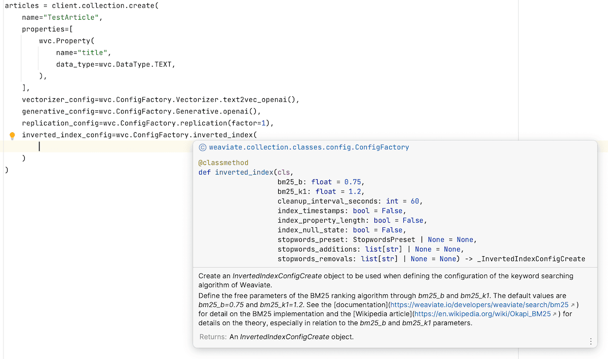 Tool tip hints for inverted index configurations