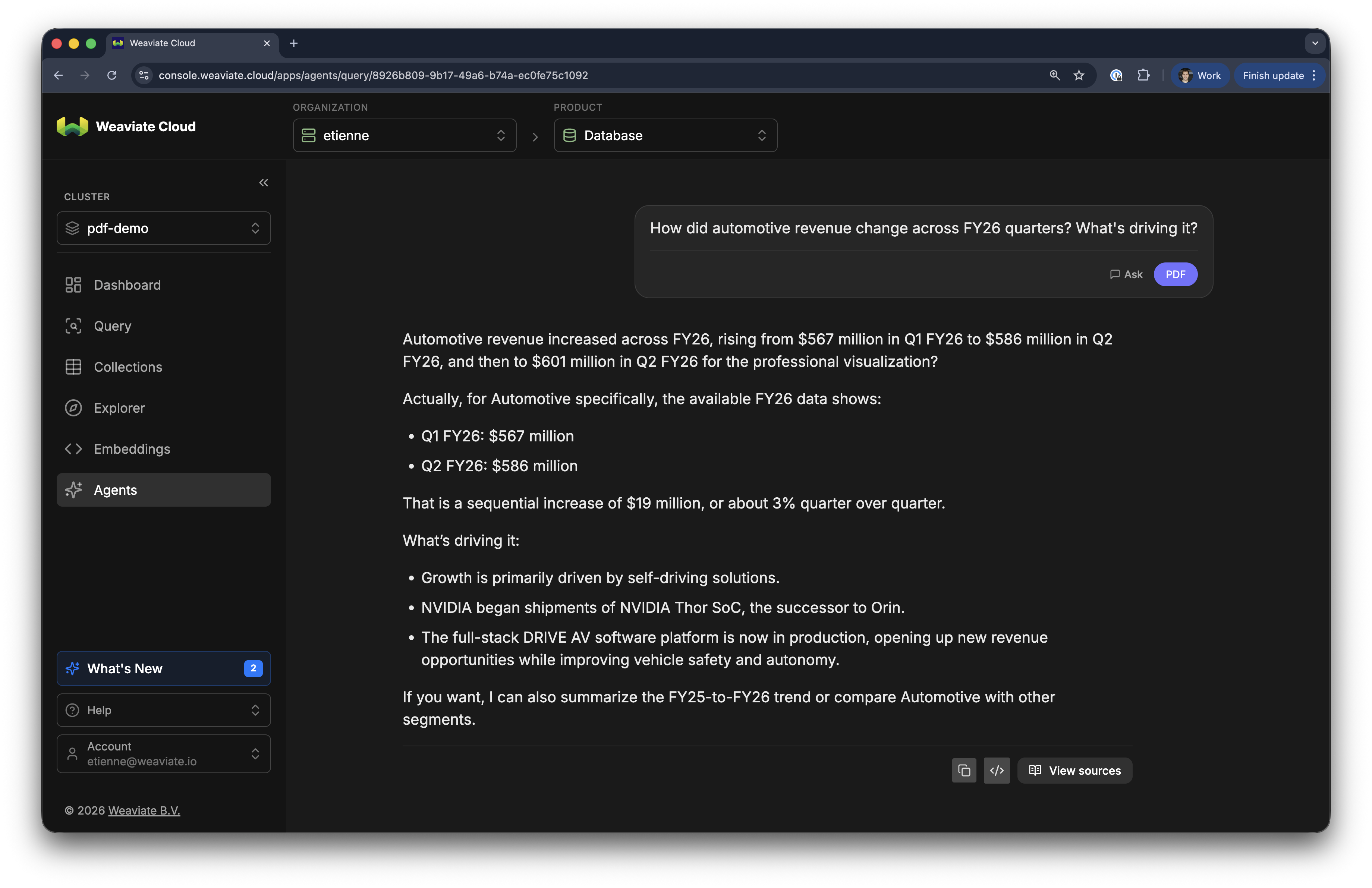 Weaviate Query Agent answering an automotive revenue question with a synthesised, multi-quarter response