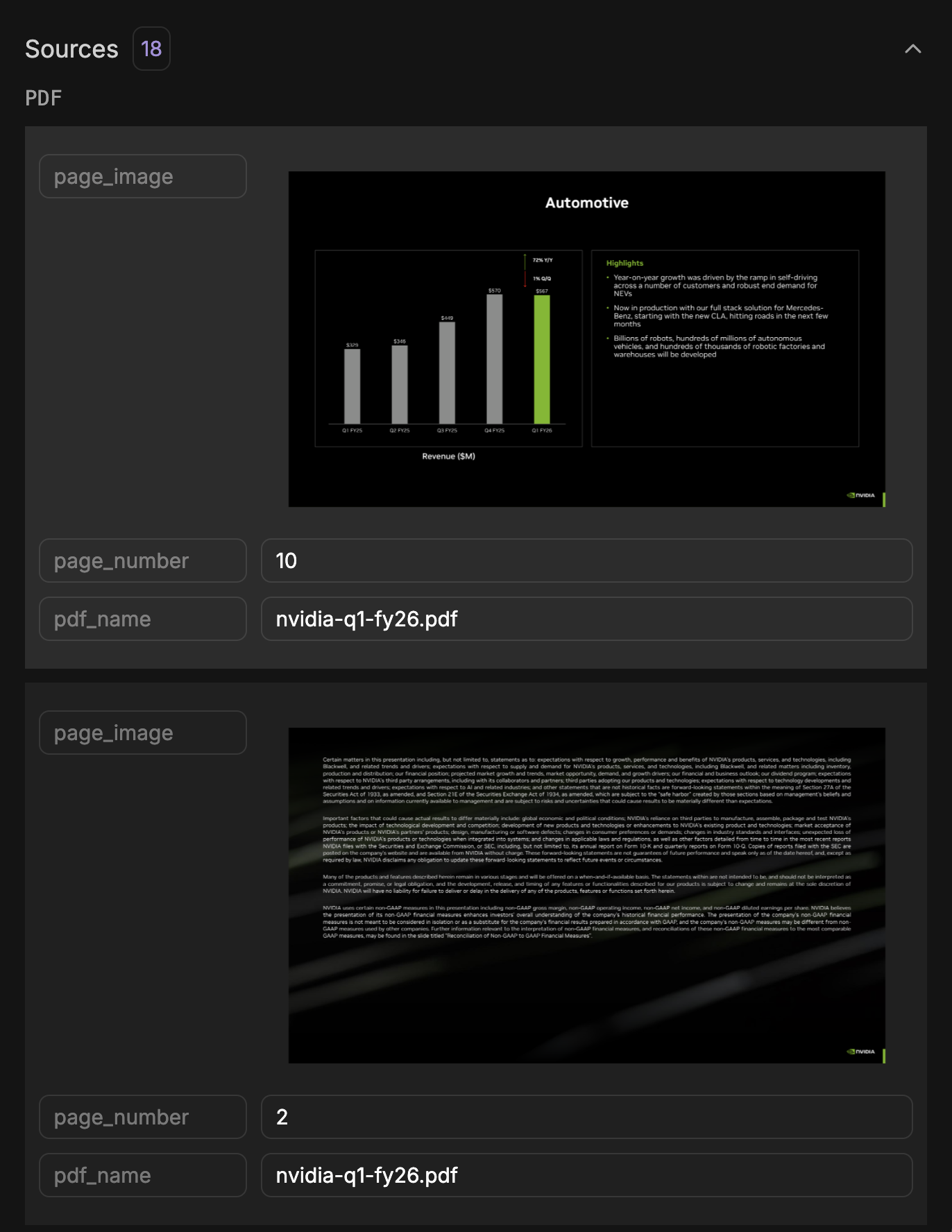 Sources panel from the Query Agent — the cited pages include the actual Automotive bar chart from the Q1 FY26 deck