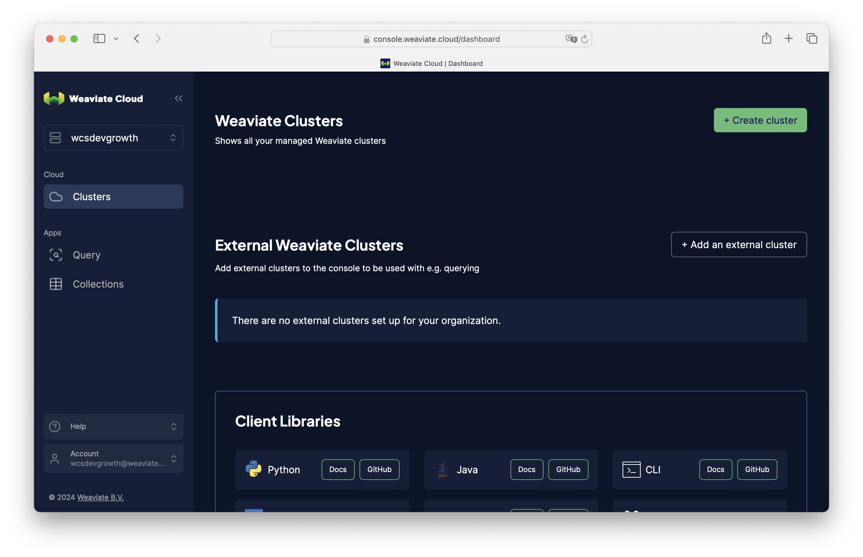 Weaviate Cloud Console Dashboard