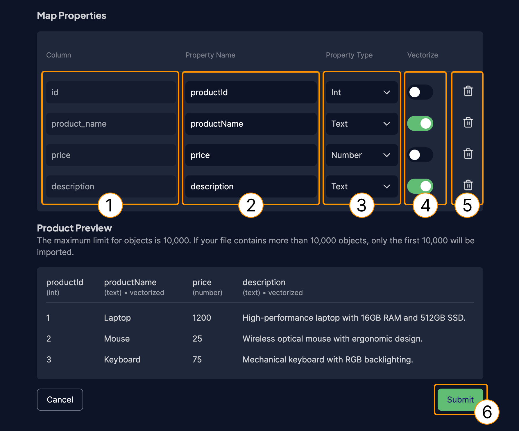 Map CSV columns to collection properties
