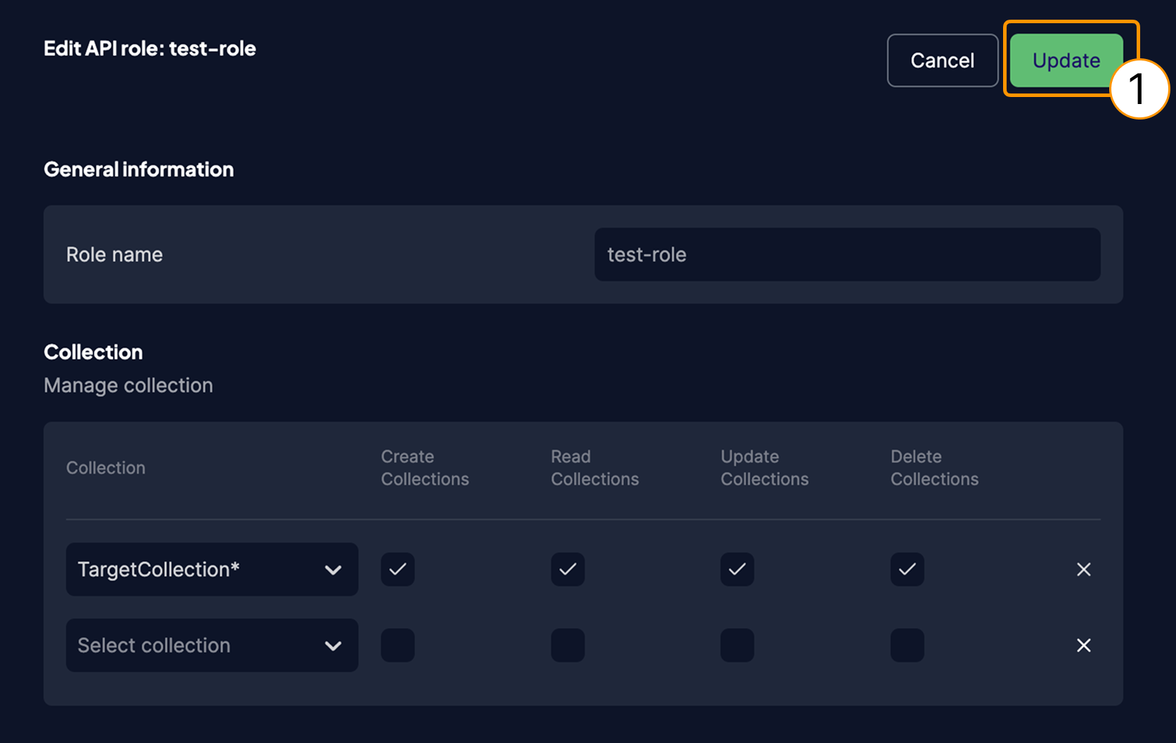 Role editing form with Update button highlighted